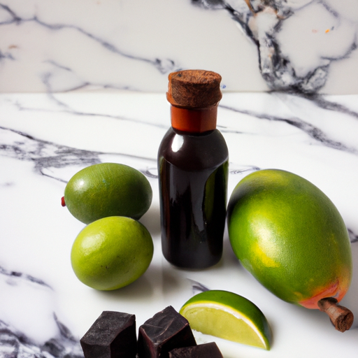 A bottle of black castor oil, a mango and a lime on a white marble table with a green background