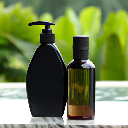 A shampoo bottle and a bottle of black castor oil on a white marble table with green background